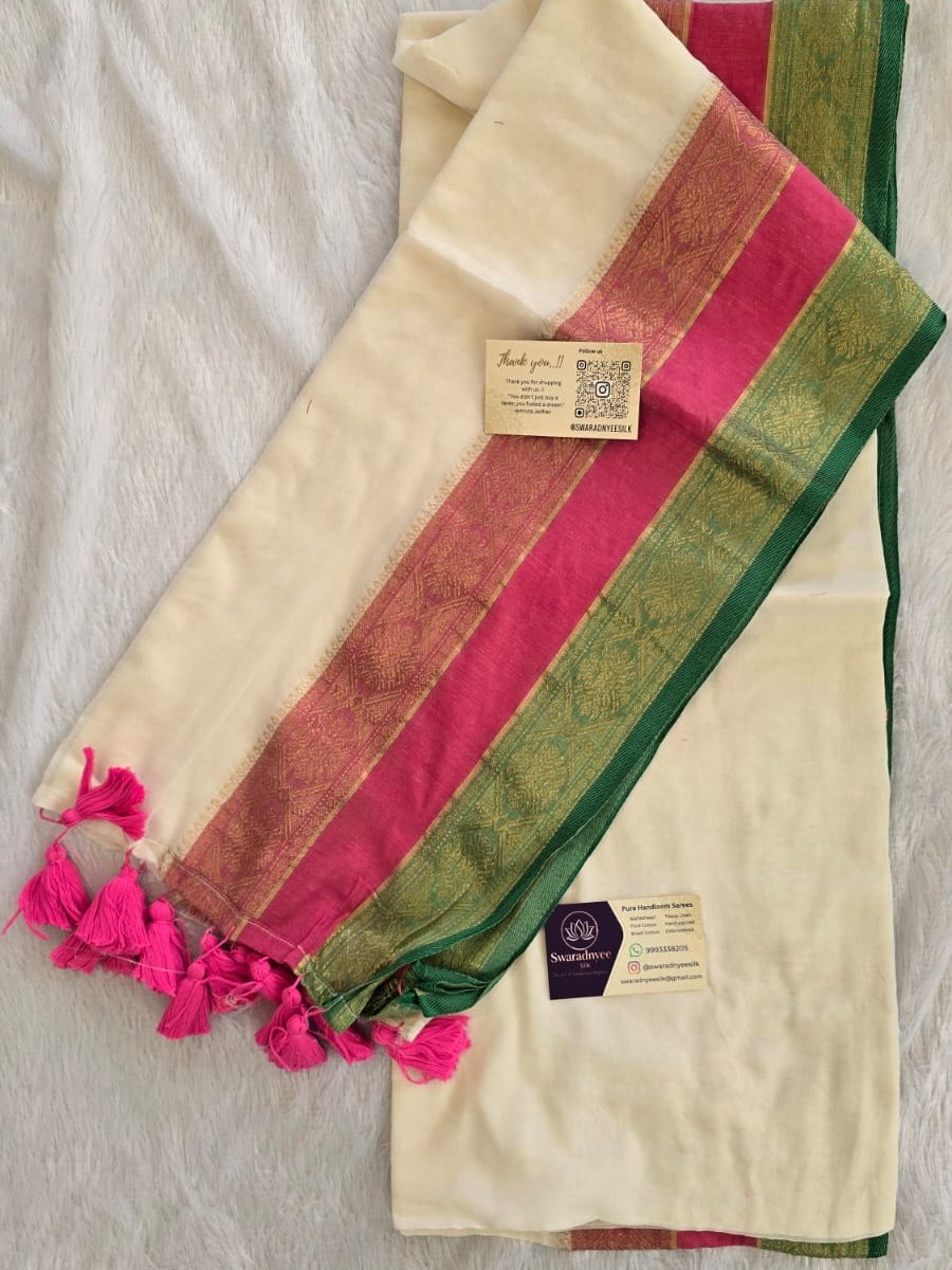 Mul Cotton White tricolor Saree